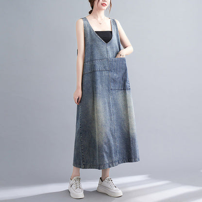 Vintage Literary Washed V-Neck Sleeveless Denim Dress