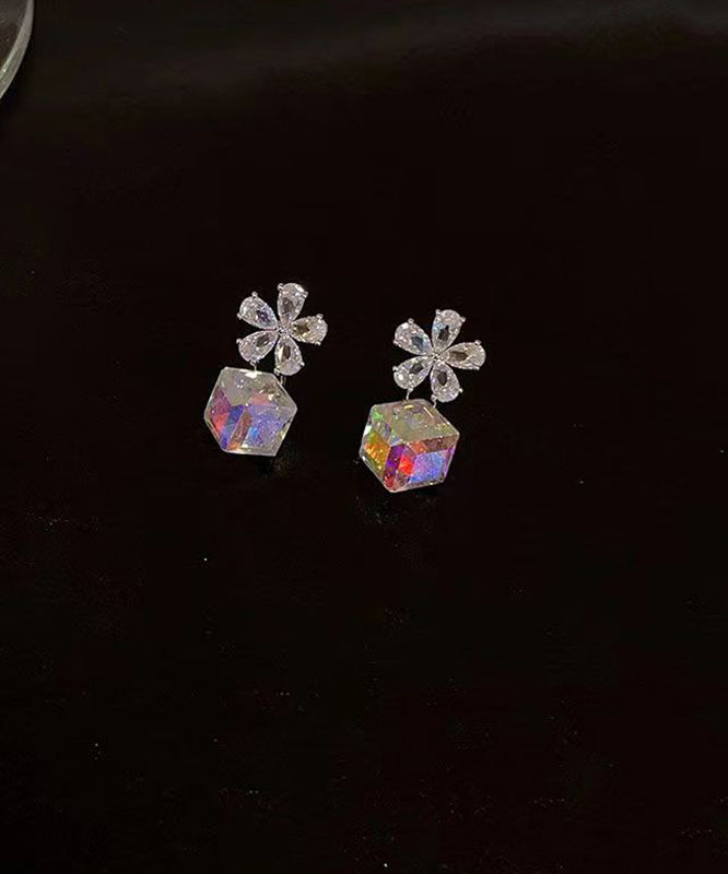 Fashion Sterling Silver Sugar Cube Crystal Drop Earrings