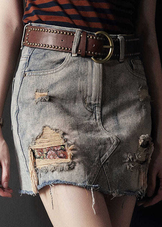 Sexy Grey High Waist Tassel Pockets Cotton Denim Ripped Skirts Cozy