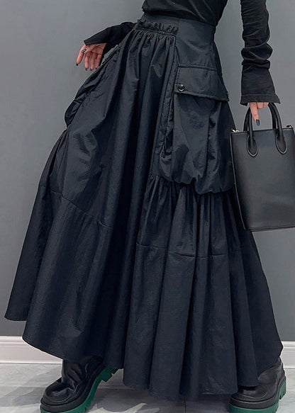 Modern Black Pockets Wrinkled Patchwork Cotton Skirts