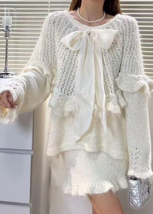 White Hollow Out Knit Two Pieces Set Cute Bow Fall