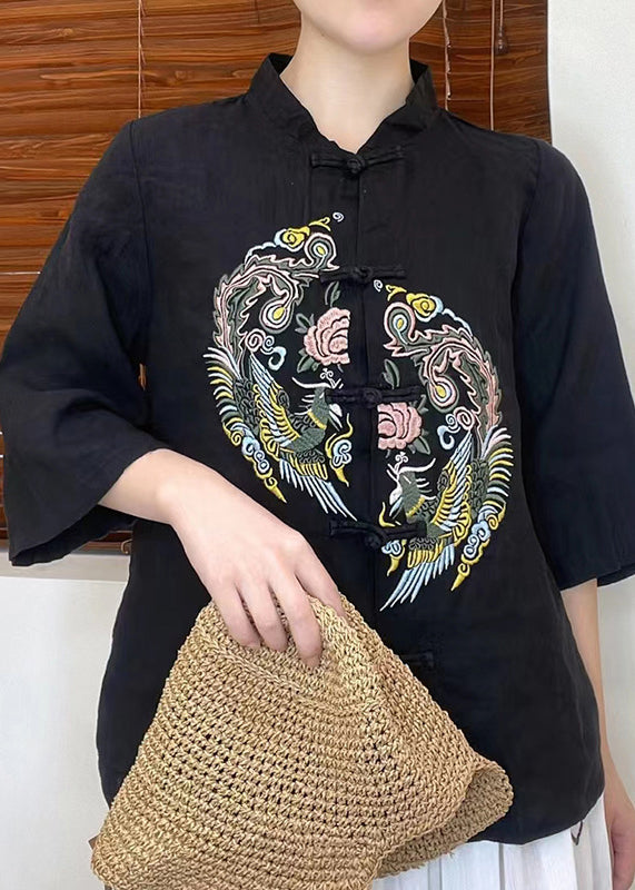 2022 Green Embroideried Linen Shirt Top Half Sleeve