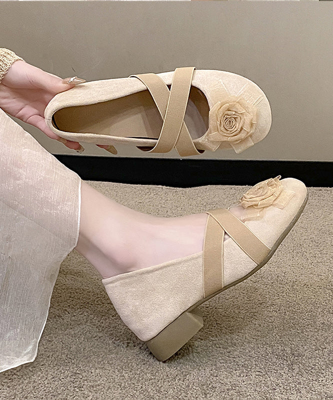 Apricot Cross Strap Floral Splicing Suede Flat Feet Shoes