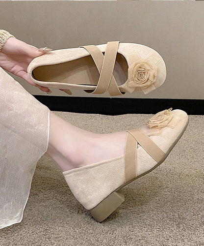 Apricot Cross Strap Floral Splicing Suede Flat Feet Shoes