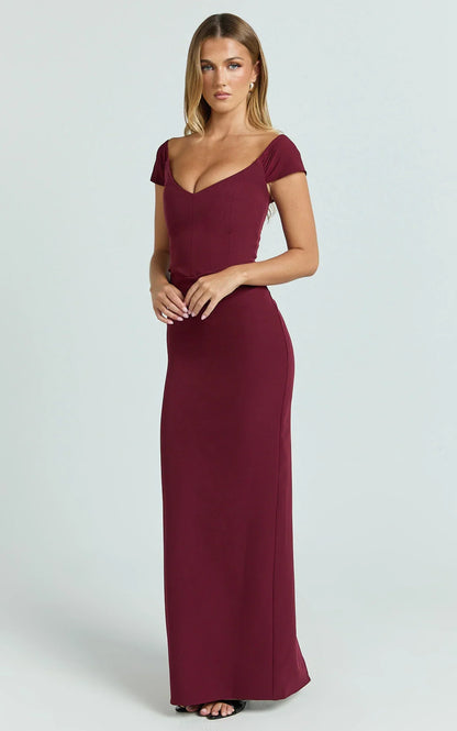 Veronika Maxi Dress - Off Shoulder Plunge High Split Dress In Wine