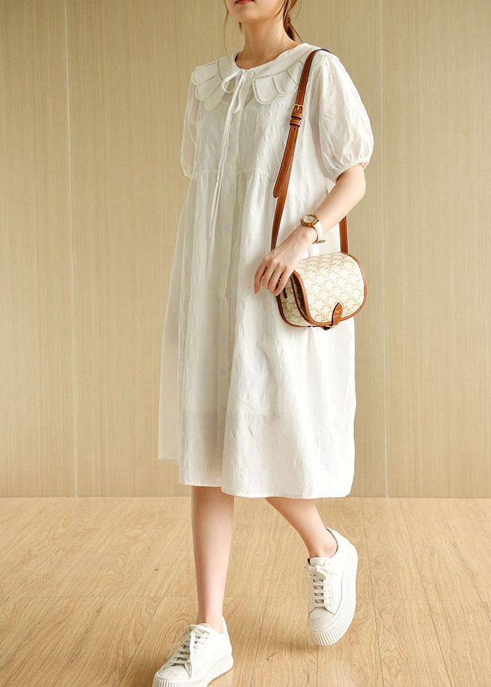 Beautiful White O-Neck Jacquard Summer Cotton Party Dresses Short Sleeve