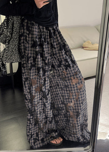 Vintage Plaid Hollow Out Patchwork Wide Leg Pants Spring