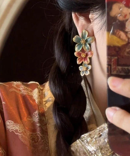 Vintage Rainbow Metal Alloy Drip Glaze Floral Drop Earrings