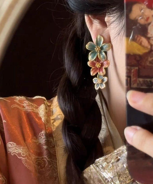 Vintage Rainbow Metal Alloy Drip Glaze Floral Drop Earrings