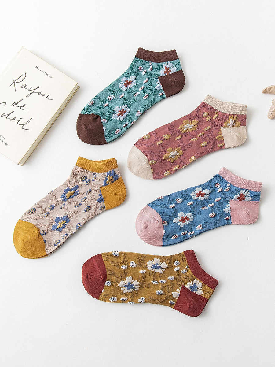 5 Pairs Women Pure Cotton Floral Vintage Boat Socks