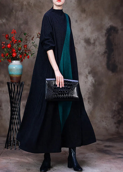 Retro Green Stand Collar Patchwork Silk Ankle Dress Long Sleeve