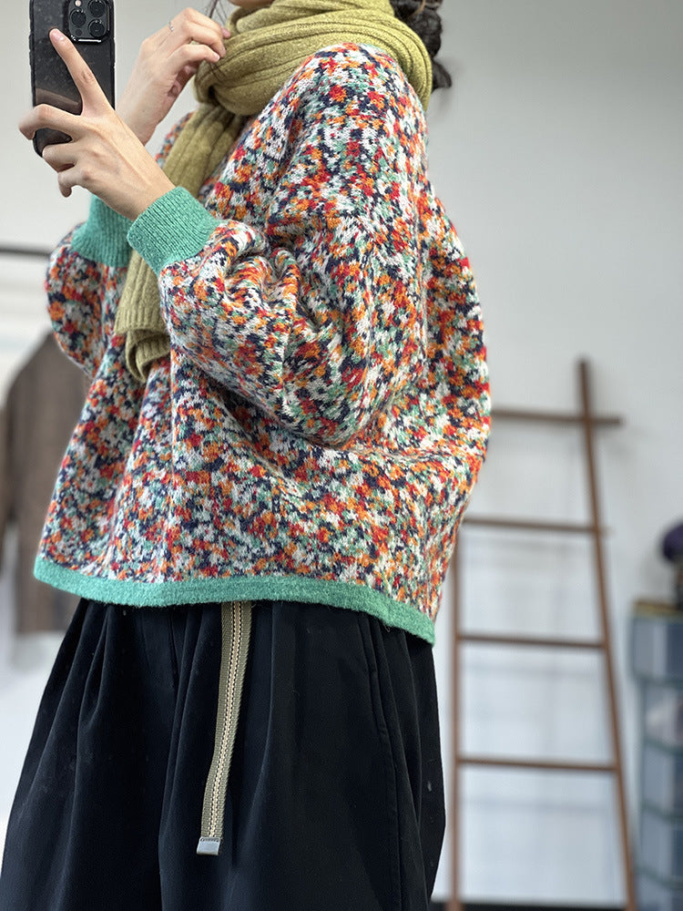 Floral Knit Casual Thick Warm Crew Neck Sweater