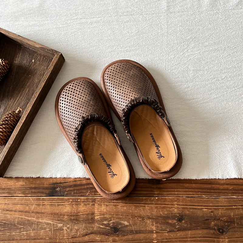 Summer Retro Leather Hollow Soft Casual Sandals / Slippers
