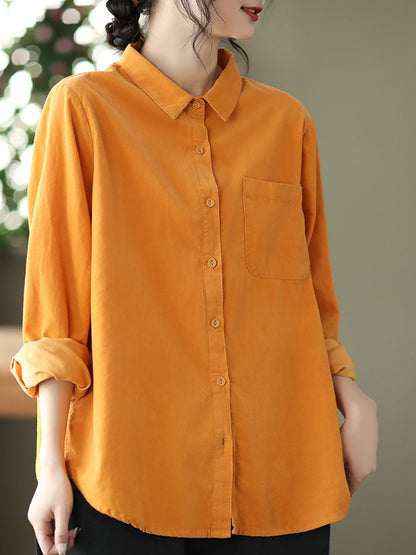 Women Spring Artsy Button Pocket Corduroy Solid T-shirt