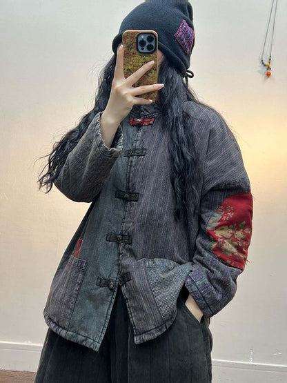 Women Irregular Print Chinese Style Cotton Coat