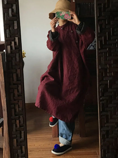 Women Vintage 100%Linen Solid Embroidery Button Dress