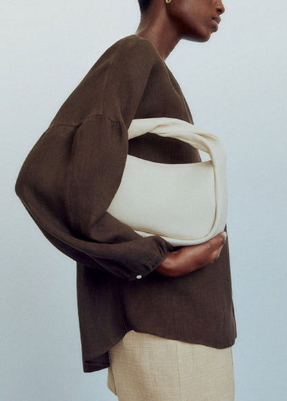 Chic Chocolate V Neck Patchwork Low High Design Shirts Lantern Sleeve