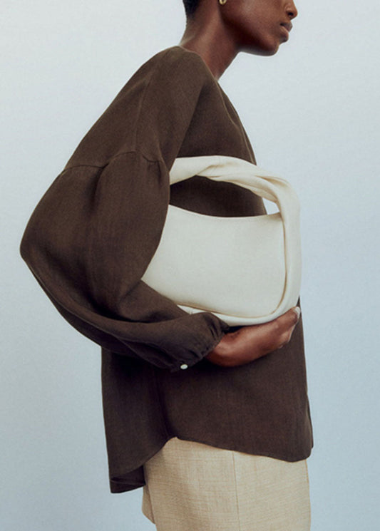 Chic Chocolate V Neck Patchwork Low High Design Shirts Lantern Sleeve