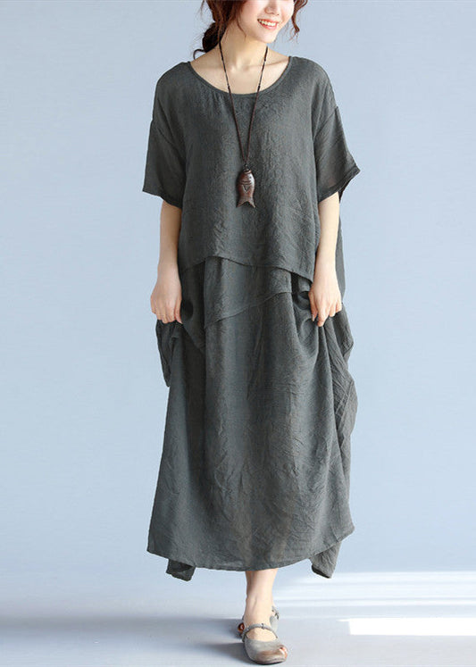 baggy Print1 long linen dresses oversized layered cotton maxi dress vintage short sleeve cotton clothing