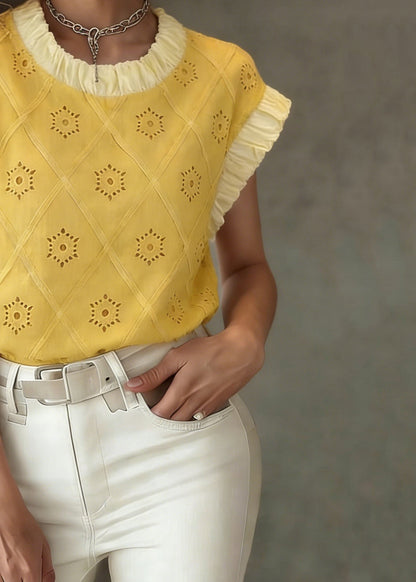 Cute Yellow Patchwork Hollow Out T Shirt Summer