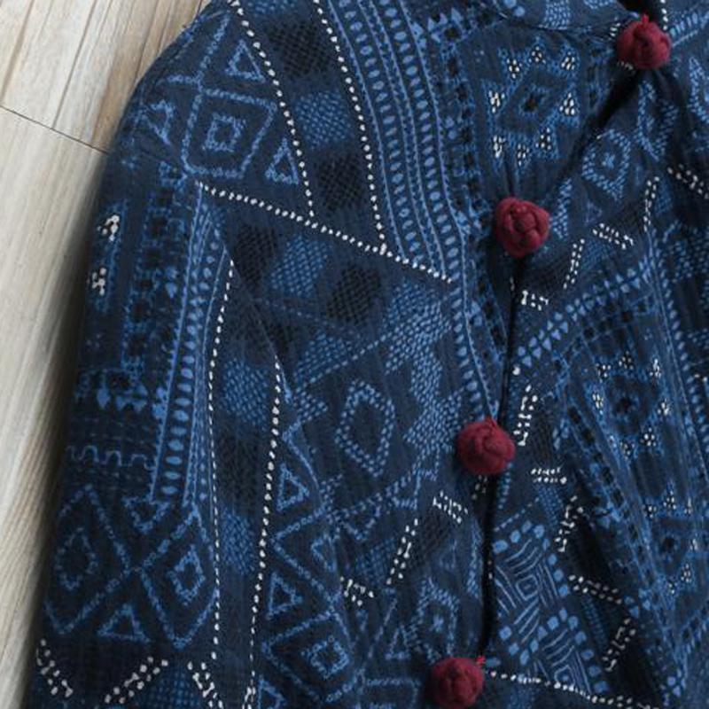 Blue Loose Vintage Button  Linen Print Dress
