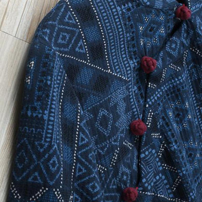 Blue Loose Vintage Button  Linen Print Dress