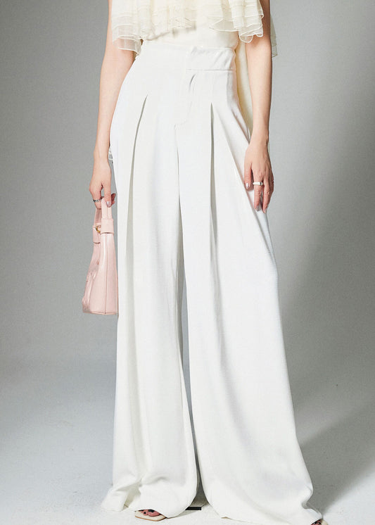 French White High Waist Solid Cotton Wide Leg Pants Summer