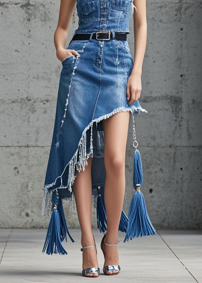 Beautiful Blue Asymmetrical Tasseled Denim Skirts Spring
