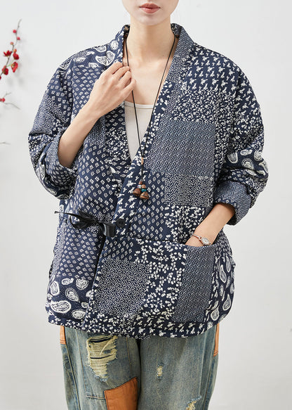 Vintage Navy Oversized Print Linen Coat Spring