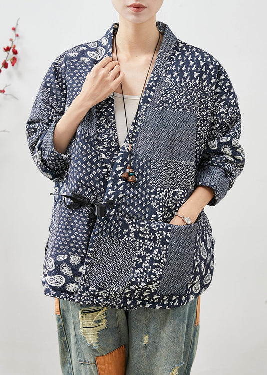 Vintage Navy Oversized Print Linen Coat Spring