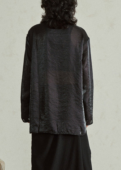 Black Stand Collar Sheer Organza Top Fall