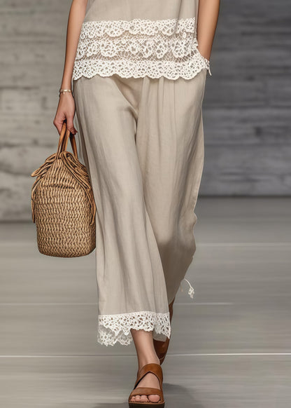 Boho Khaki V Neck Lace Patchwork Two Piece Set Women Clothing Summer