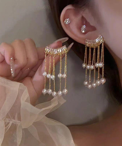 Fashion Gold Copper Overgild Pearl Tassel Drop Earrings