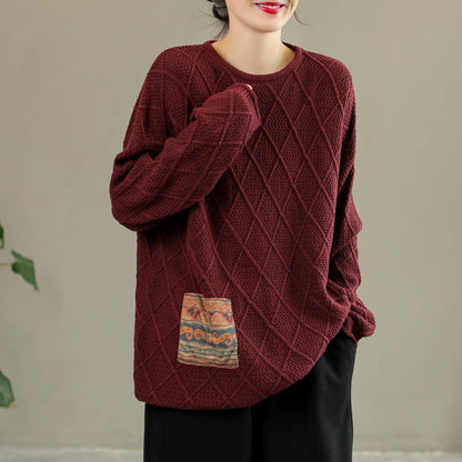 Women Retro Rhombus Patchwork Cotton Loose Sweater