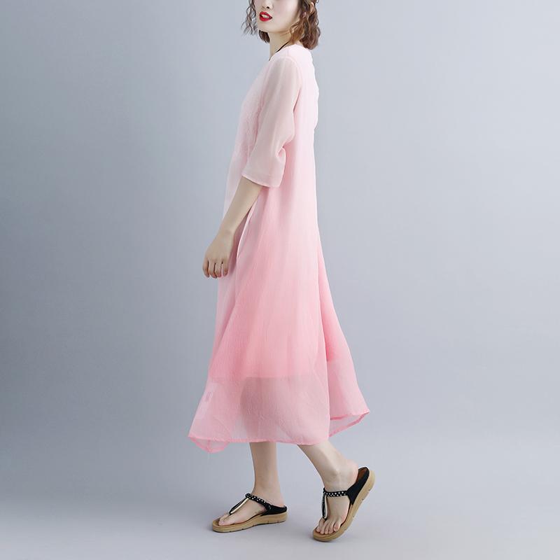 fine cotton dresses trendy plus size Fake Two-piece Pockets Retro Pink Summer Dress