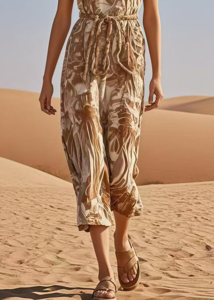 Bohemian Khaki Cinched Print Cotton Jumpsuits Summer