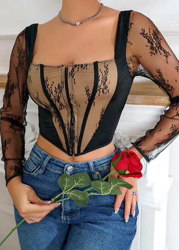 Lace Patchwork Hollow Out Tight Fitting Design Black Casual Top