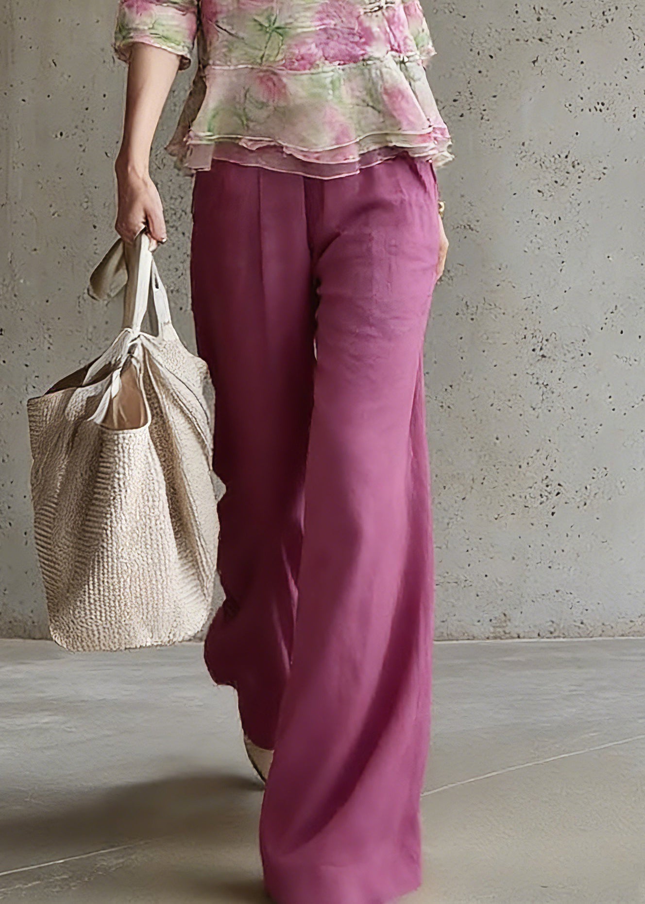Natural V Neck Print Top And Pants Two Pieces Set Spring