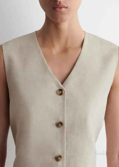 Art V Neck Linen A Line Tea Dress Sleeveless
