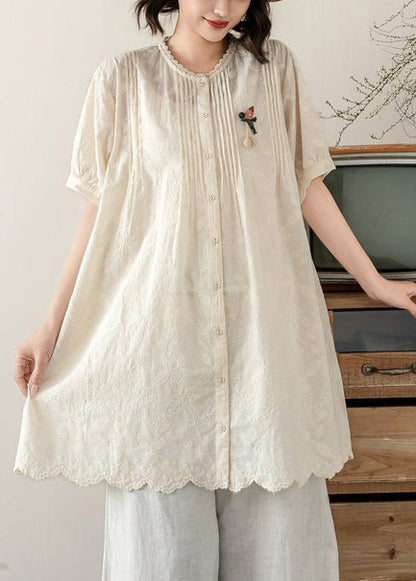 Beige Cotton A Line Tops Embroidered Wrinkled Summer