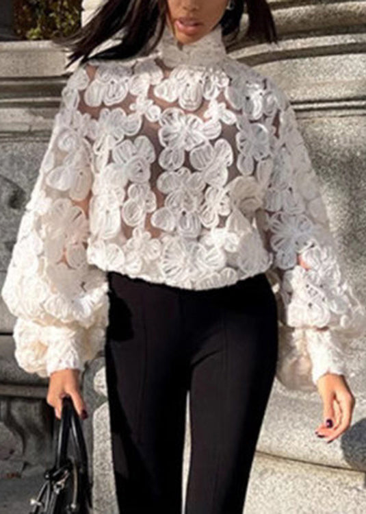 Chic White Notched Floral Lace Top Lantern Sleeve