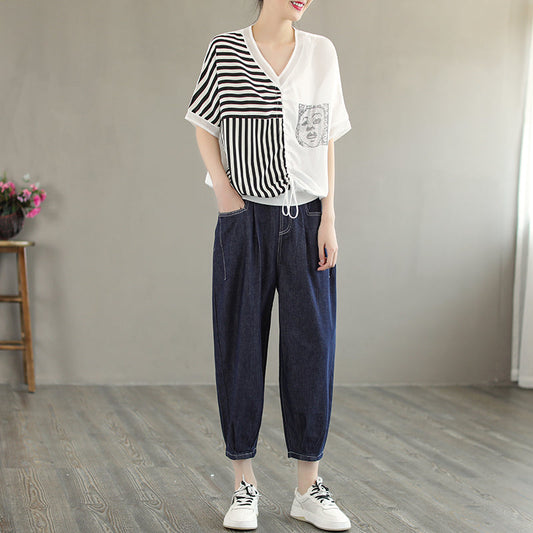 Women Retro Casual Summer Loose Harem Cotton Jeans