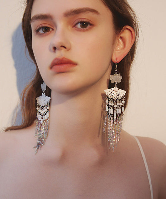 Art Natural Lotus Jade And Stone Fan Tassels Silver Plated Drop Earrings