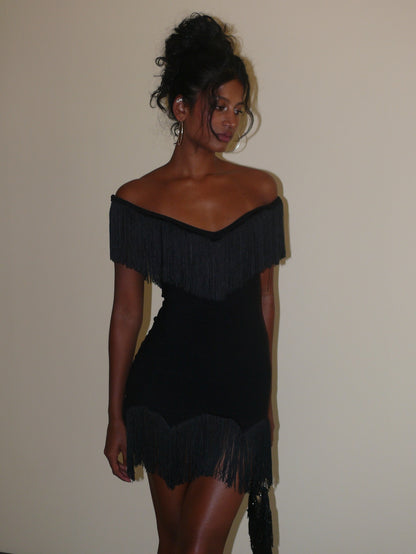 Off-Shoulder Double Fringe Bodycon Dress | Western Retro Sexy Mini Dress