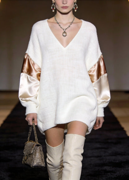 Elegant White V Neck Silk Patchwork Mini Dresses Spring