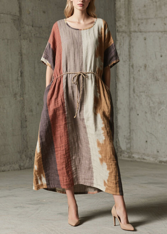 Unique Mixed Color Tie Waist Print Cotton Ankle Dress Summer
