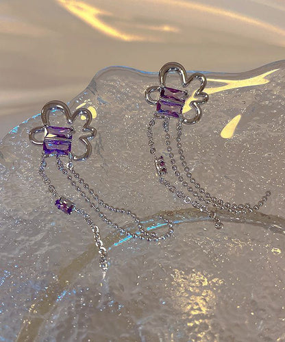 Cute Purple Sterling Silver Floral Tassel Drop Earrings