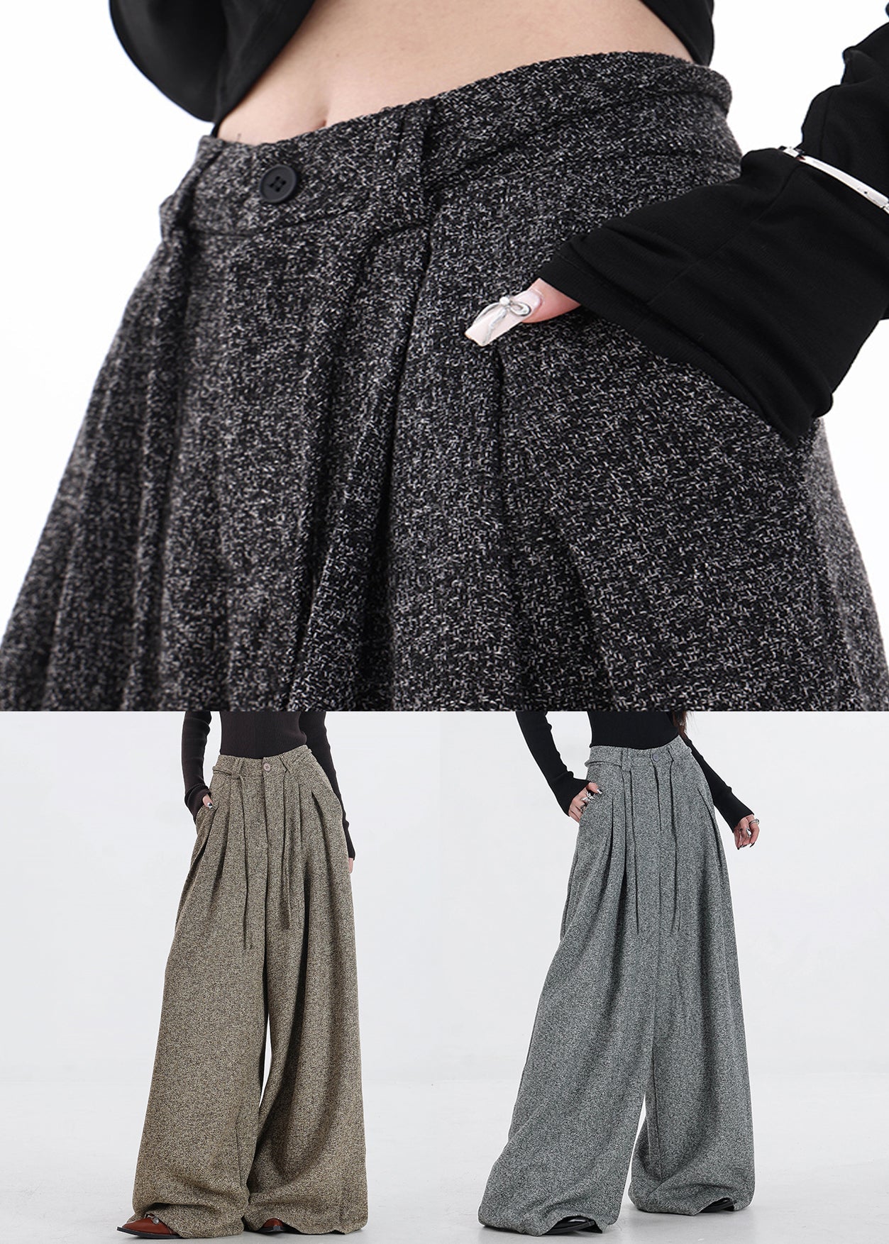 Vintage Khaki Pockets High Waist Woolen Pants Fall