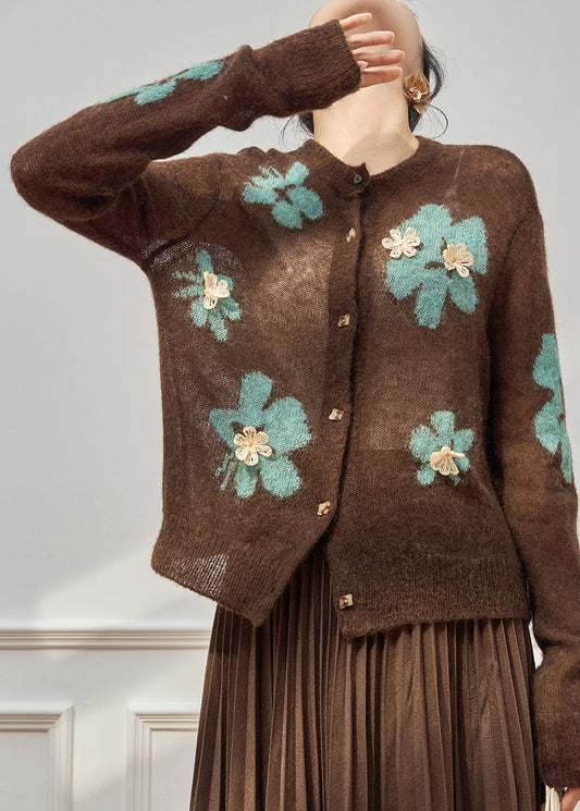 Boho Coffee O-Neck Patchwork Button Cotton Knit Cardigan Fall