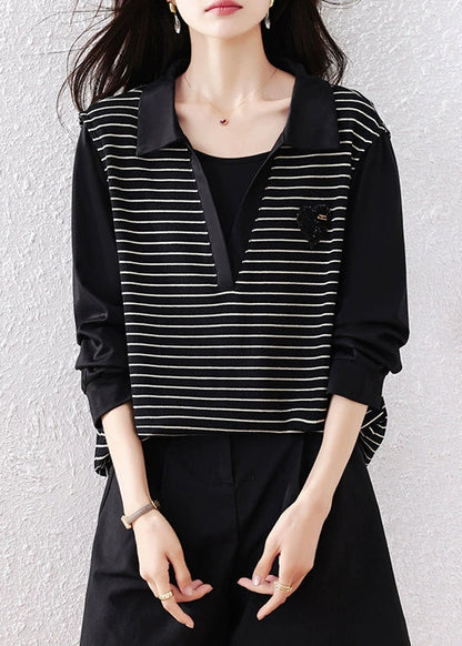 Original Black Peter Pan Collar Striped Patchwork Cotton Shirt Fall